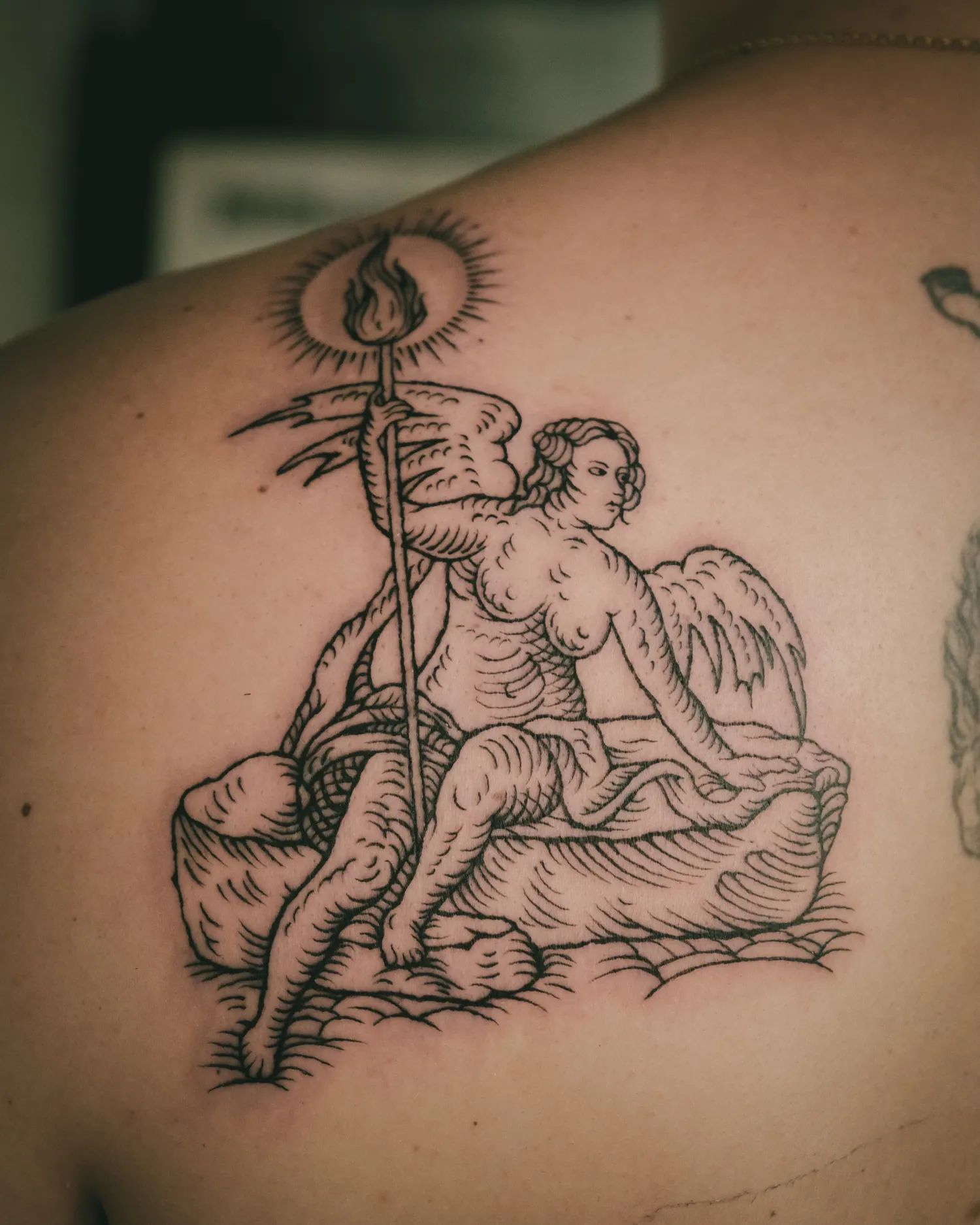 An angel in a leaf-shaped cartouche, tattooed on the back